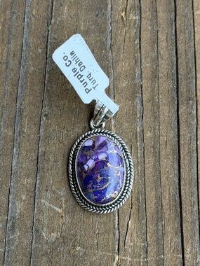 Purple Dahlia Oval Pendant Necklace Silver Plated